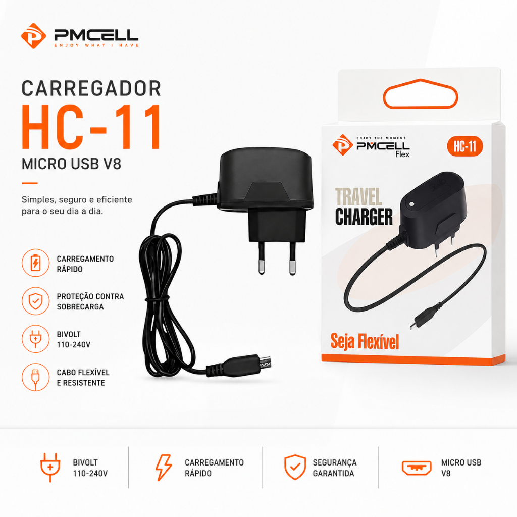 Carregador Celular V8 PMCELL HC-11 110v 220v Original