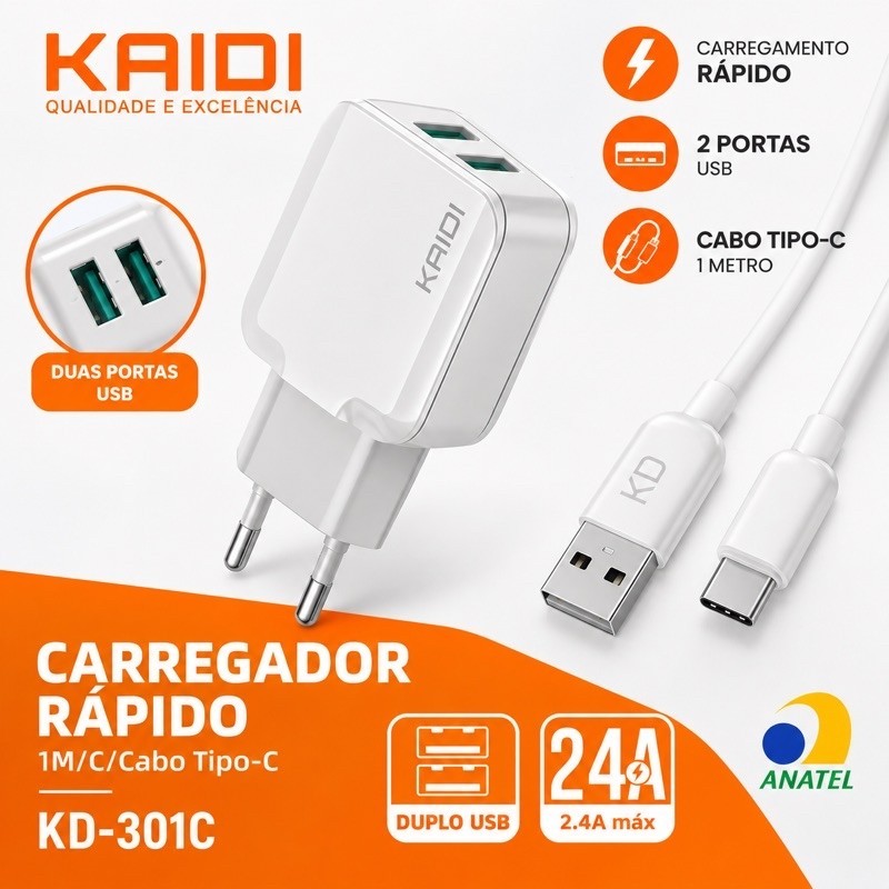 Carregador Rápido KD-301C Tipo C 2.4A Bivolt 110-240V 2x USB + 1x USB-C Compacto e Portátil para Celulares