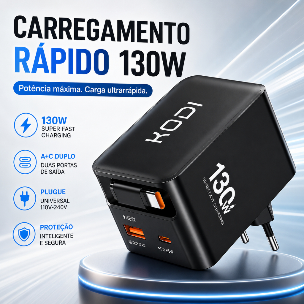 Carregador Rápido130W Portas USB A e PD‑C,Adaptador Universal110‑240V com Proteção Inteligente para Celulares e Noteb-A3