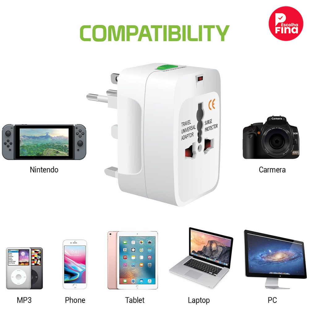 Adaptador Viagem Universal 150+ Países - 110V-240V e Compatível Tipo C/F‌