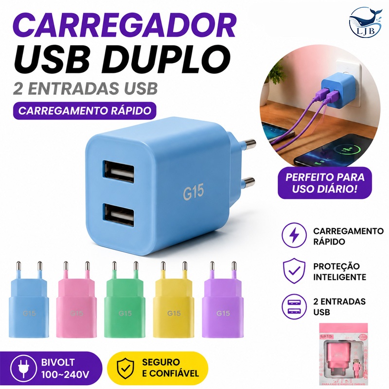 Carregador USB Duplo 2 Entradas Carregamento Rápido Bivolt 100-240V Seguro V8