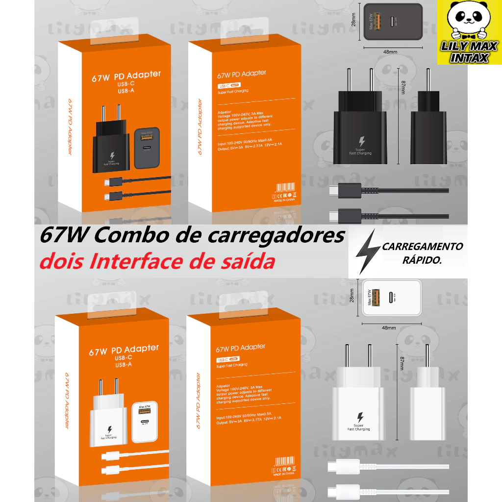 67W Combo de carregadores dois Interface de saída CARREGAMENTO RÁPIDO,110V A 240V, FAIXA DE VOLTAGEM QUE PODE LIDAR COM VÁRIAS,AMBIENTES DE ENERGIA ELÉTRICA COMPLETAM A TAREFA DE CARREGAMENTO, DESIGN SIMPLES E FUNCIONAL