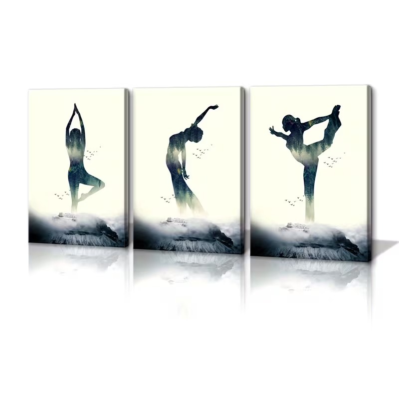 KIT 3 Quadros Yoga Pilates Silhueta | Decoração Sala Zen Meditação Fitness