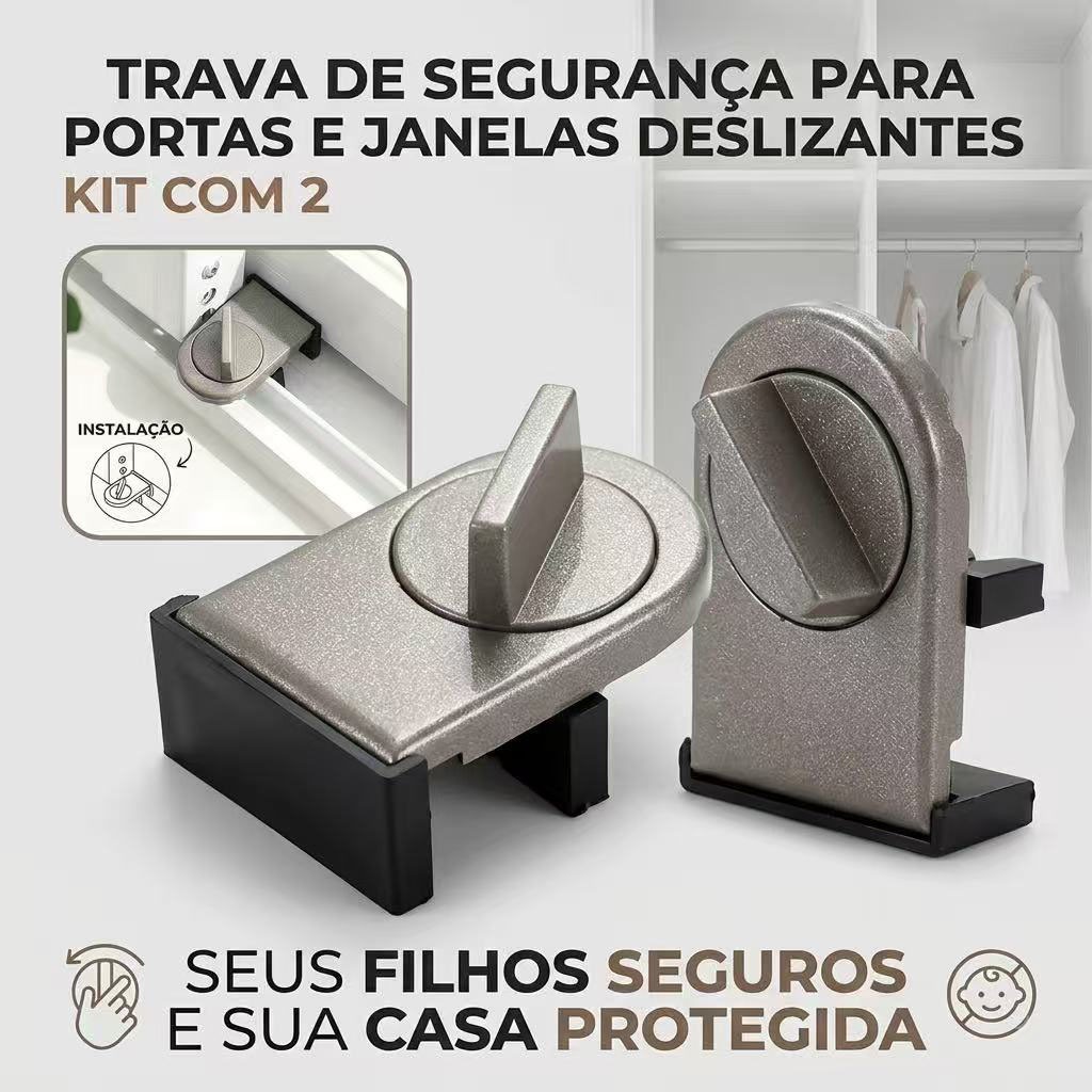 Kit 2 Safety Locks for Sliding Doors and Windows, Tilting, Sliding, Blocker – Without Drilling