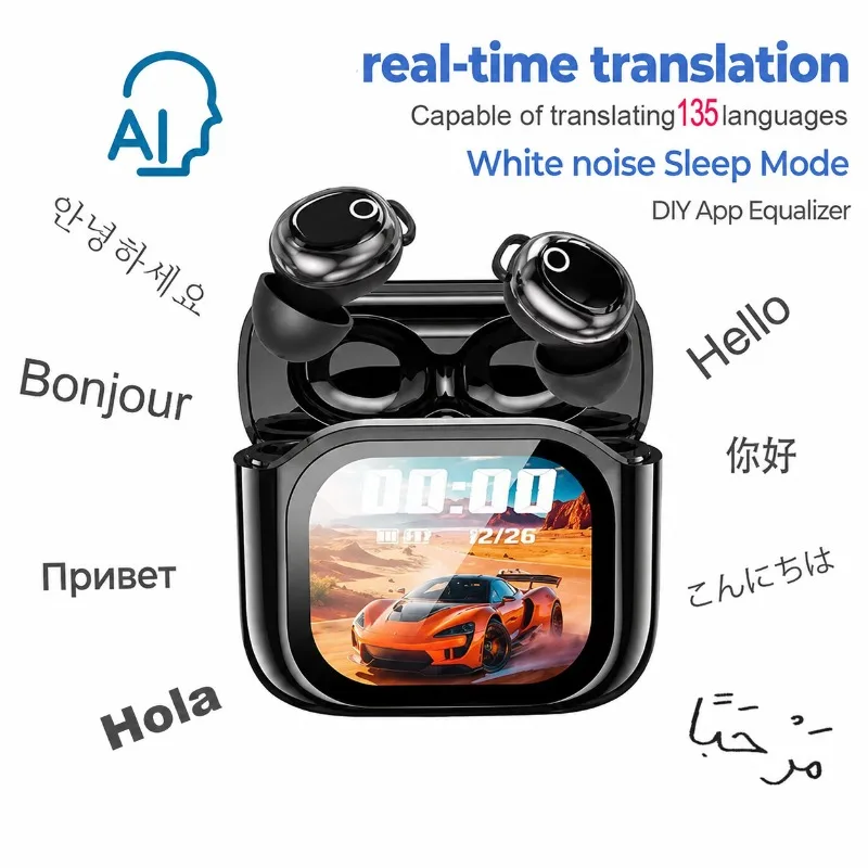 AI BT Translation Wireless Bluetooth Earphone Smart LCD Screen TWS Headphone Heavy Bass Sport Meeting Running Music Sleep Earbud