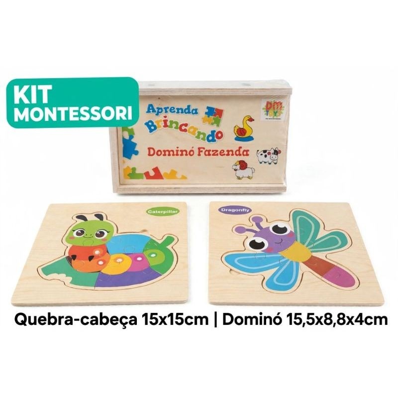 Kit Montessori | Dominó DM Toys + 2 Quebra-Cabeça Madeira 15cm Goal Kids