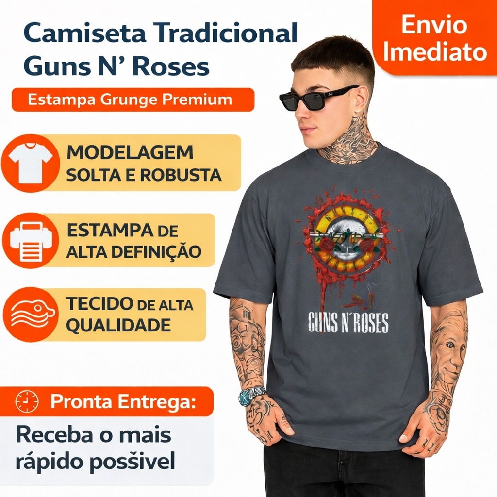 Camiseta Tradicional Guns N Roses Bullet Logo – Estampa Rock Streetwear