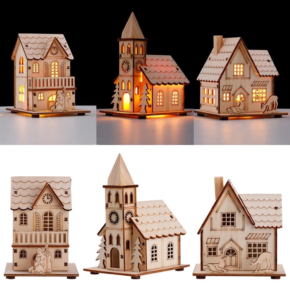 LED De Madeira Casa De Natal Vila Cabine Luminosa Árvore Pendurado Decorações DIY Ornamentos Peças Centrais Mesa