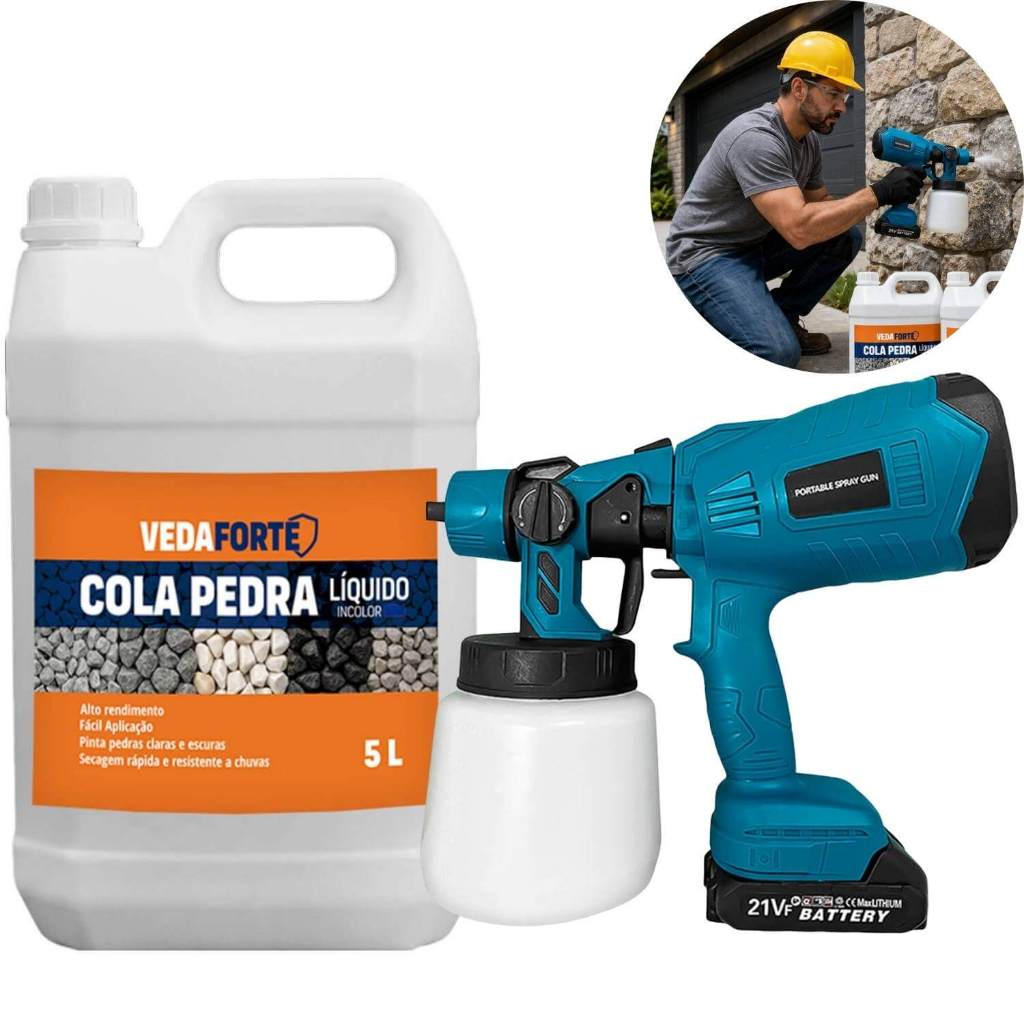Kit Cola Pedra 5L Veda Forte + Pistola de Pintura Pulverizadora 21V Bateria Recarregável