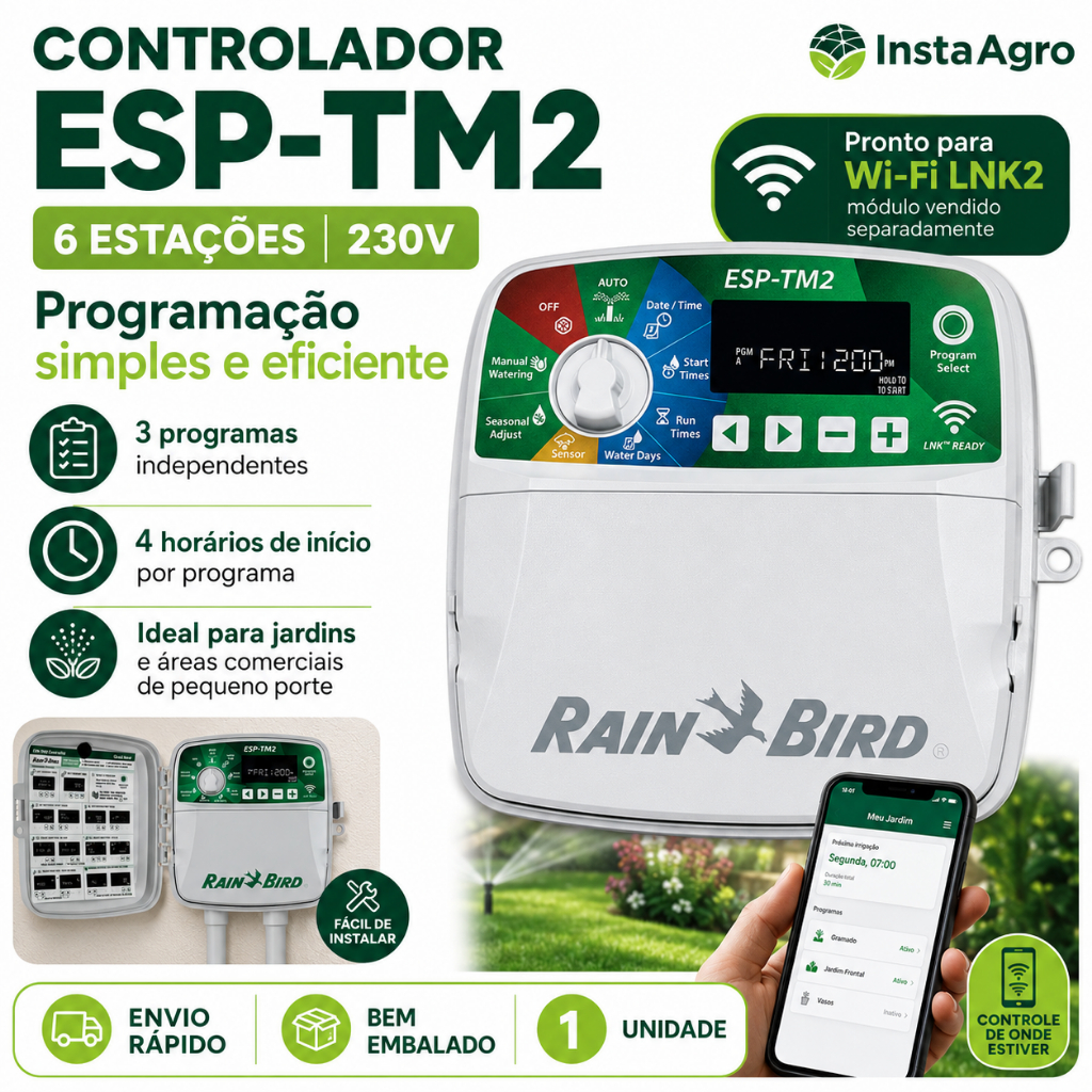 Controlador Rain Bird ESP-TM2 6 Estações 230v Preparado Para Wi-Fi Irrigação Jardim Gramado
