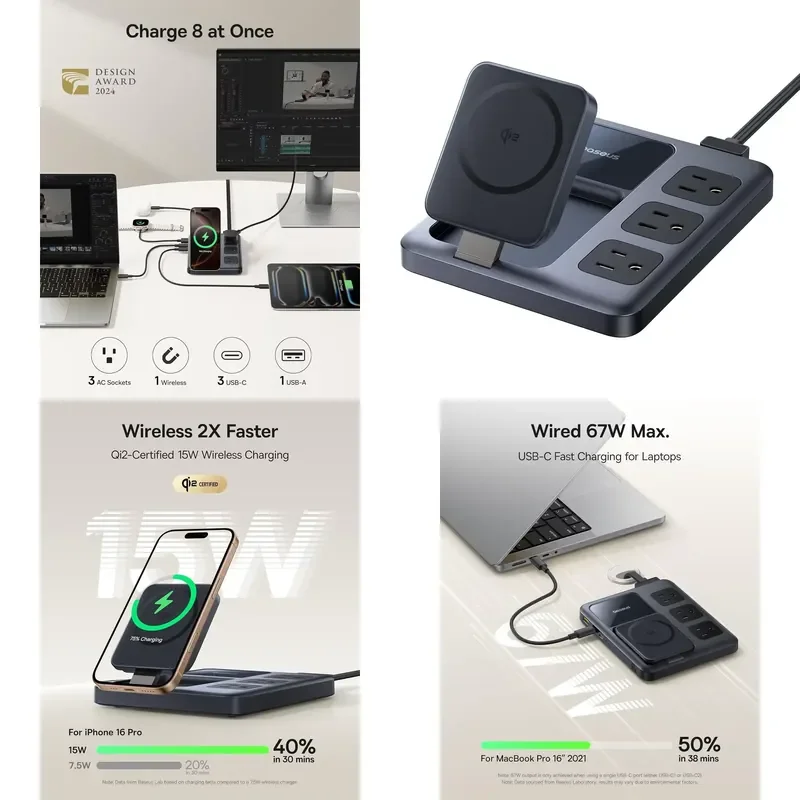 【CHIMU HOME】 67W 8 Port Foldable Charging Station with 15W Magnetic Wireless Charger 3 AC Outlets 4 USB Ports for Home Office