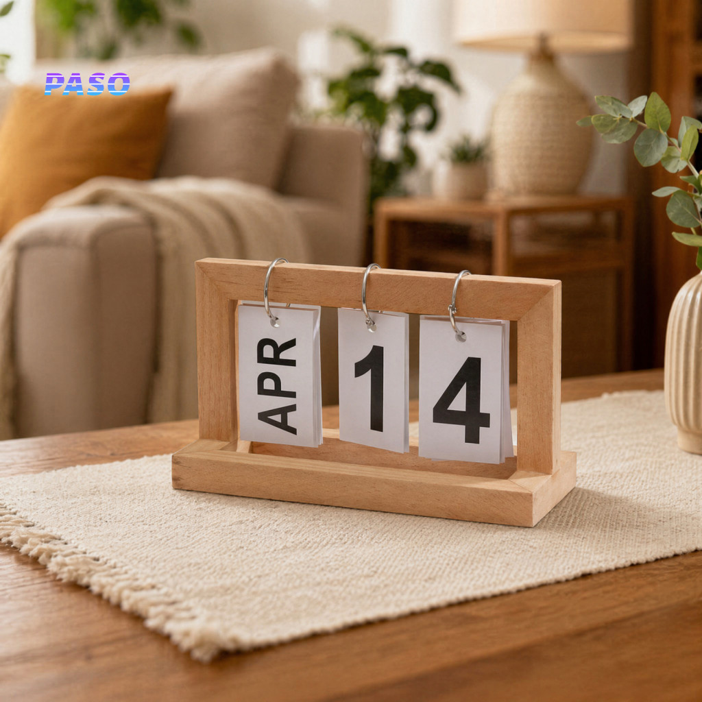 Wooden Flip Calendar Adjustable Month Date Perpetual Desk with Solid Wood Base – Minimalist Page-turning for Office Ho