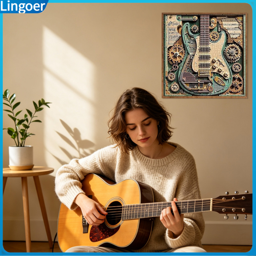 2 Sets 1000-piece Steampunk Guitar Jigsaw Puzzle Musical Gear Challenge Game Educational Desk Decor Toy for Adults Kids