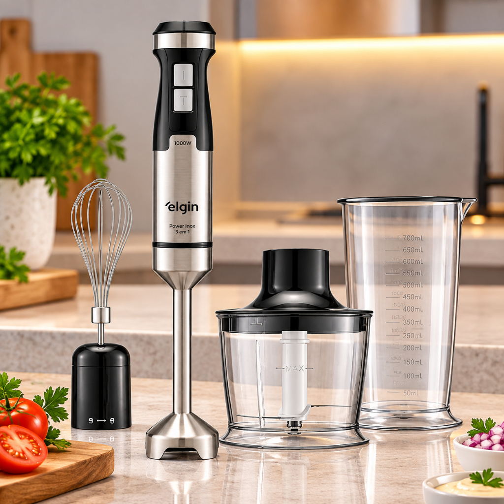 Mixer Elgin Power Inox 3 em 1 1000W com Fouet, Processador e Copo Medidor