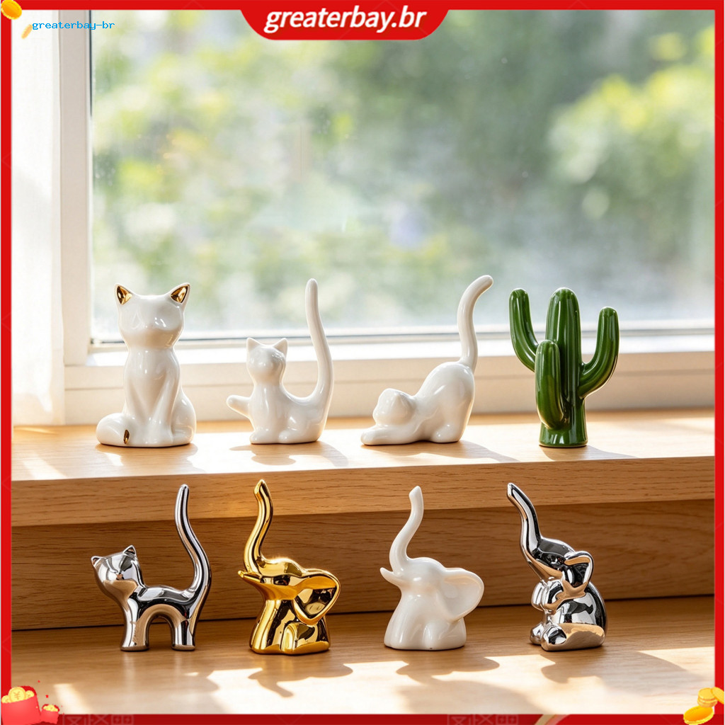 Nordic Minimalist Ceramic Animal Cactus Figurines – Abstract Bear Cat Elephant Sculpture for Living Room Office Desk B