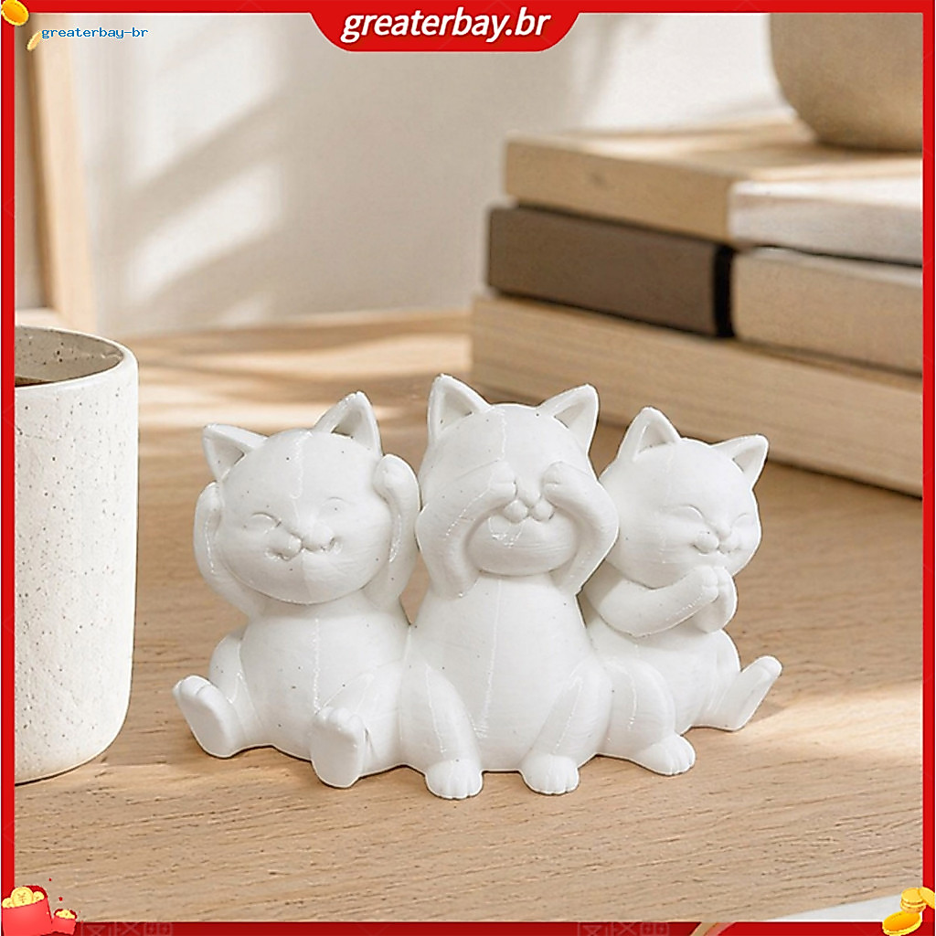 Three Wise Cats Figurines 3d Printed Minimalist Cat Statue Desk Decor Ancient Wisdom Ornament Home Office Gift for Lover