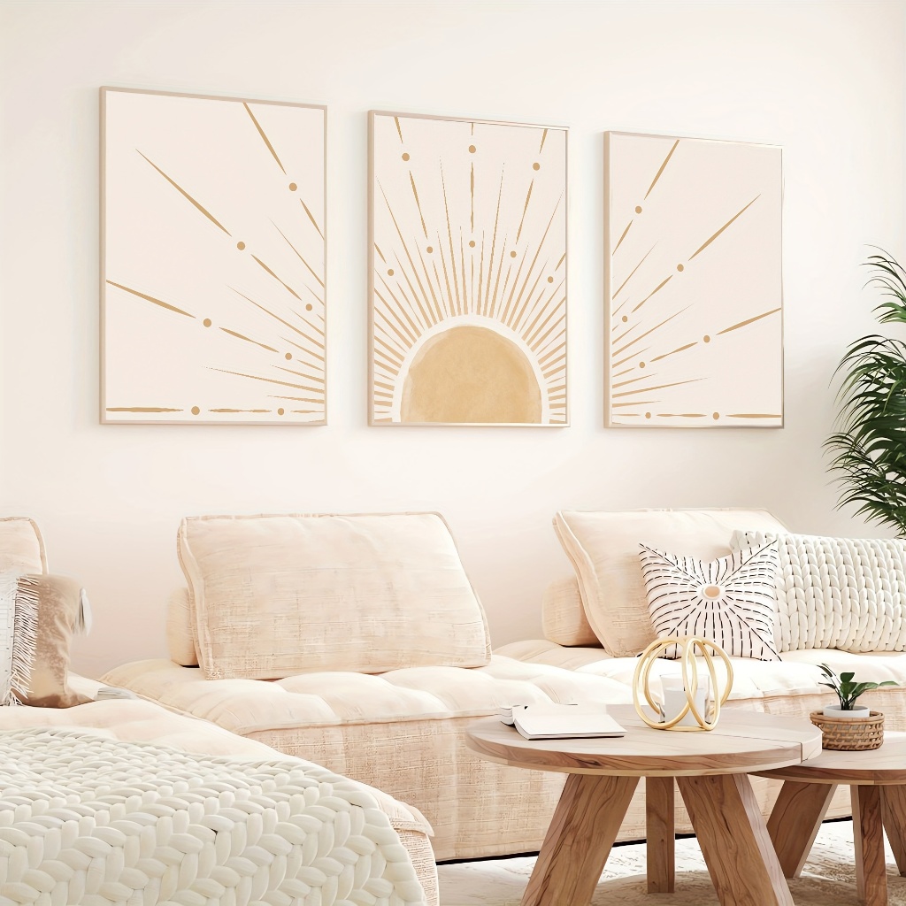 quadros decorativos 3pçs sol nascente boho retrô arte mid century para sala