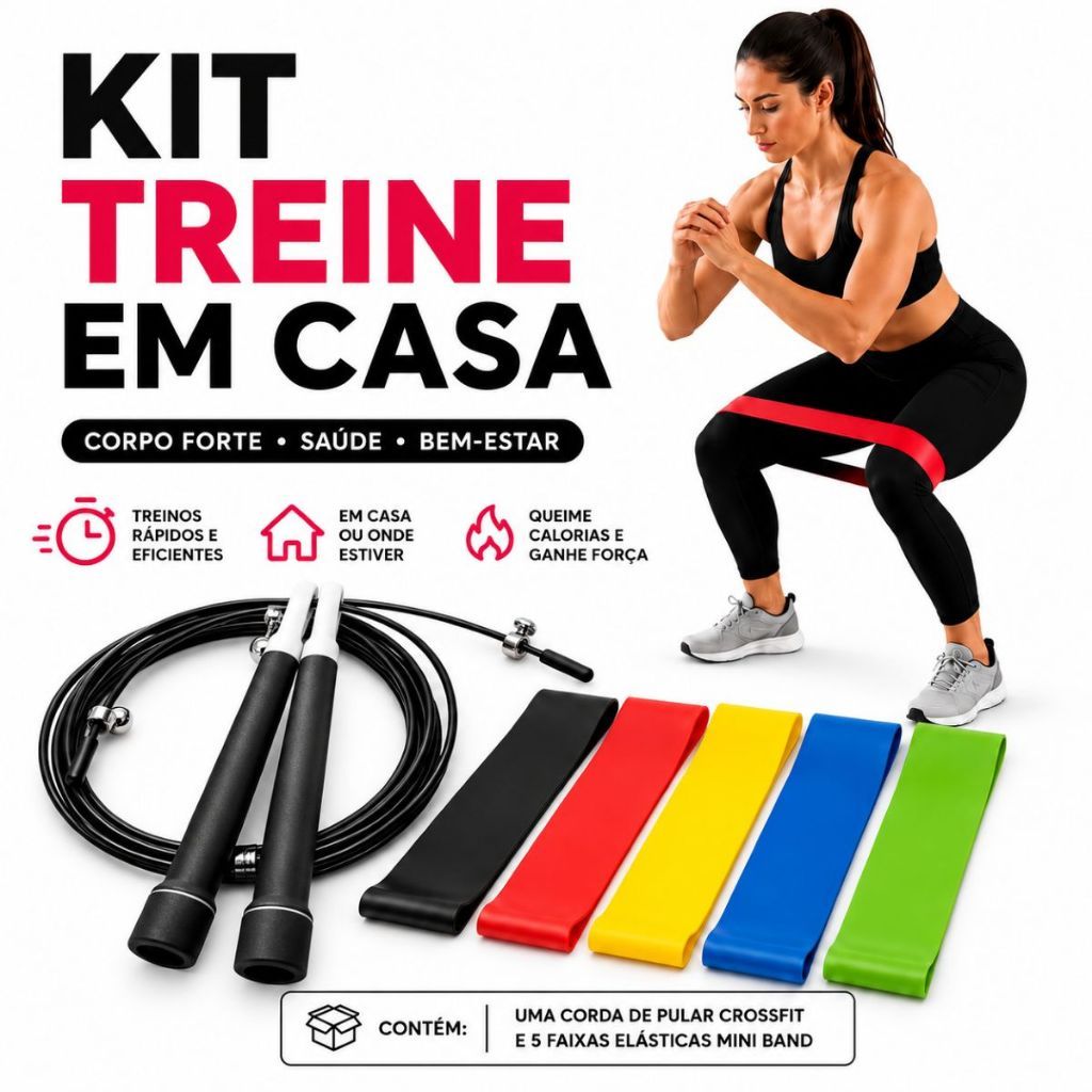 Kit Treino em casa- 5 elásticos mini band + Corda de Pular Ajustável Profissional, Fortalecimento e Cardio no seu tempo