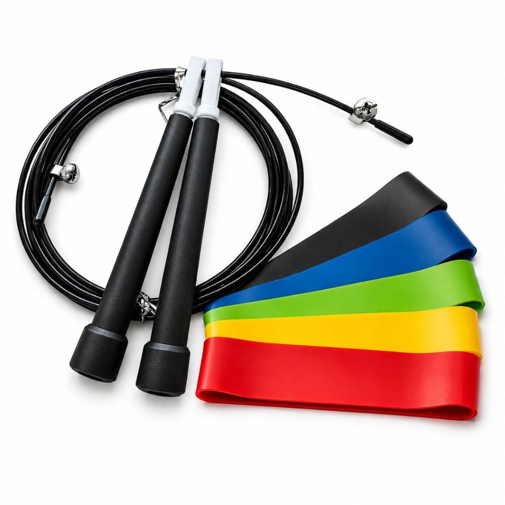 5 Faixas Elásticas mini band + Corda de Pular de Aço Ajustável 3M - Cardio, Resistência e Tonificação- Treino em Casa