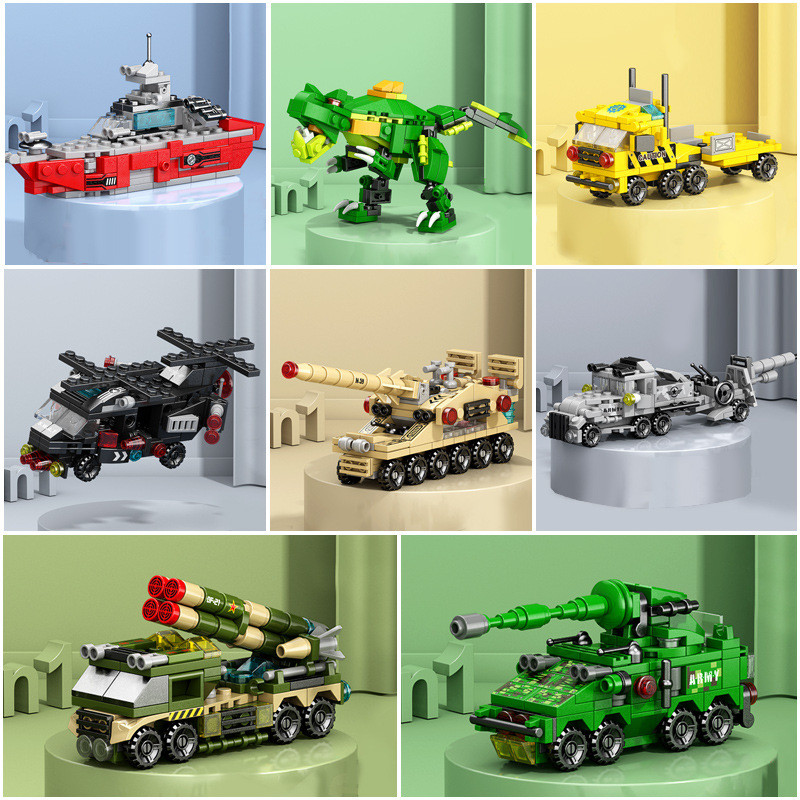 Lele irmãos pequenos brinquedos crianças montados blocos de construção jardim de infância meninos dinossauros helicópter