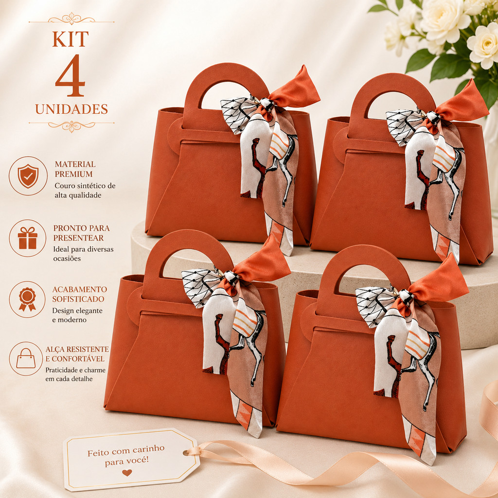 Mini Bolsa Sacola de Presente Kit 4 Couro Sintético com Lenço Lembrancinha Casamento Chá de Bebê