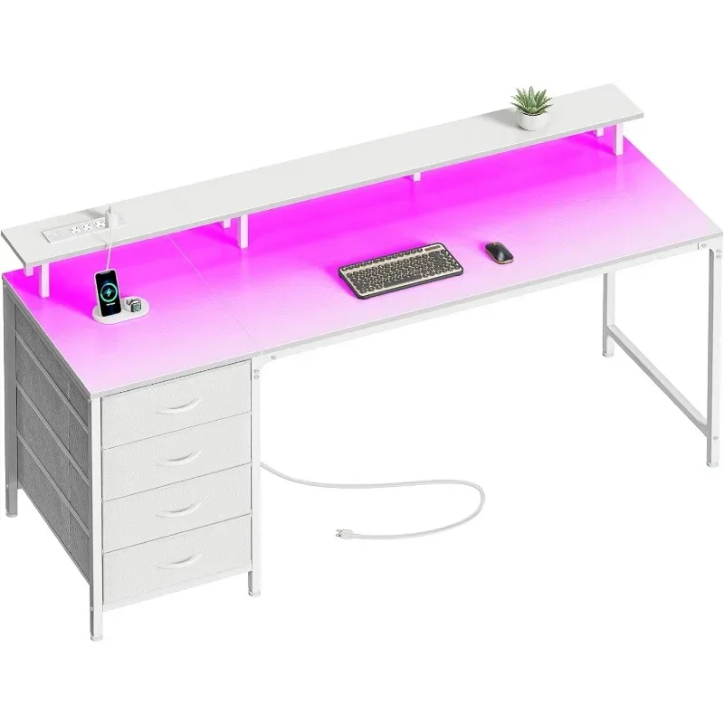 Gaming Desk with 4 Drawers, Office Deskl # Power Outlets and LED Lights,