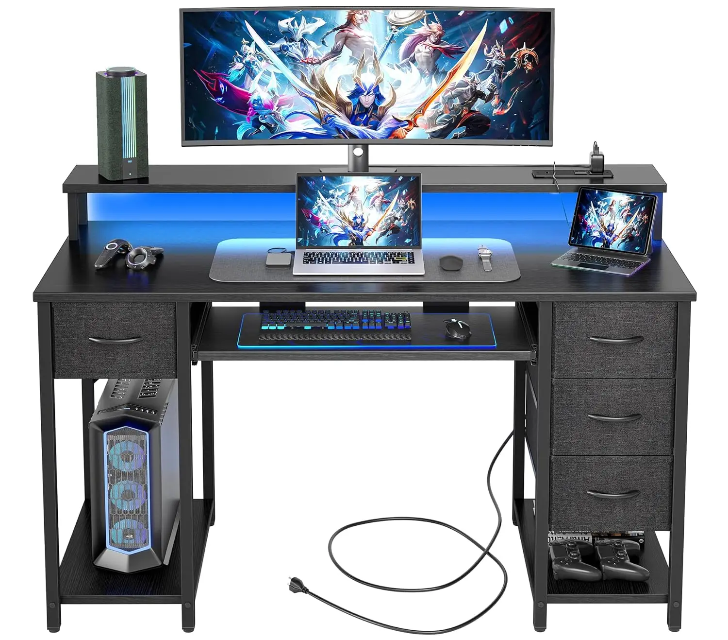 #Computer Desk with Drawers and Power Outlets, 47 Inch Gaming Desk with LED Lights, Home Office Desk with Monitor, Customized