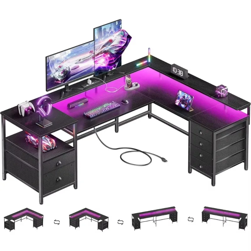 Reversible L Shaped Gaming Desk With 6 Drawers, Printer Storage, Power Outlets, LED Lights, And Monitor Stand For Home Office