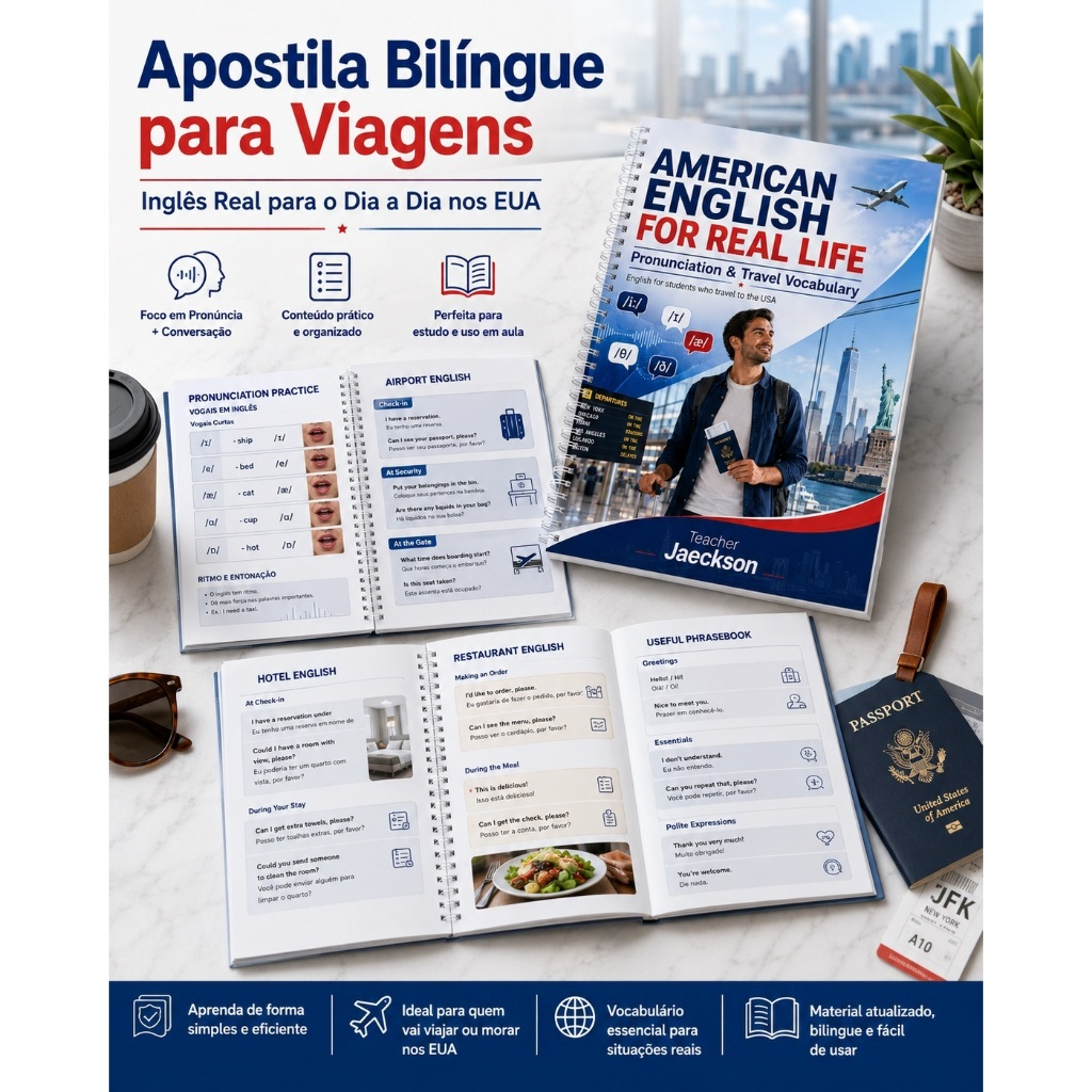 Apostila Inglês para Viagem aos EUA Bilíngue | American English for Real Life | Pronúncia e Conversação