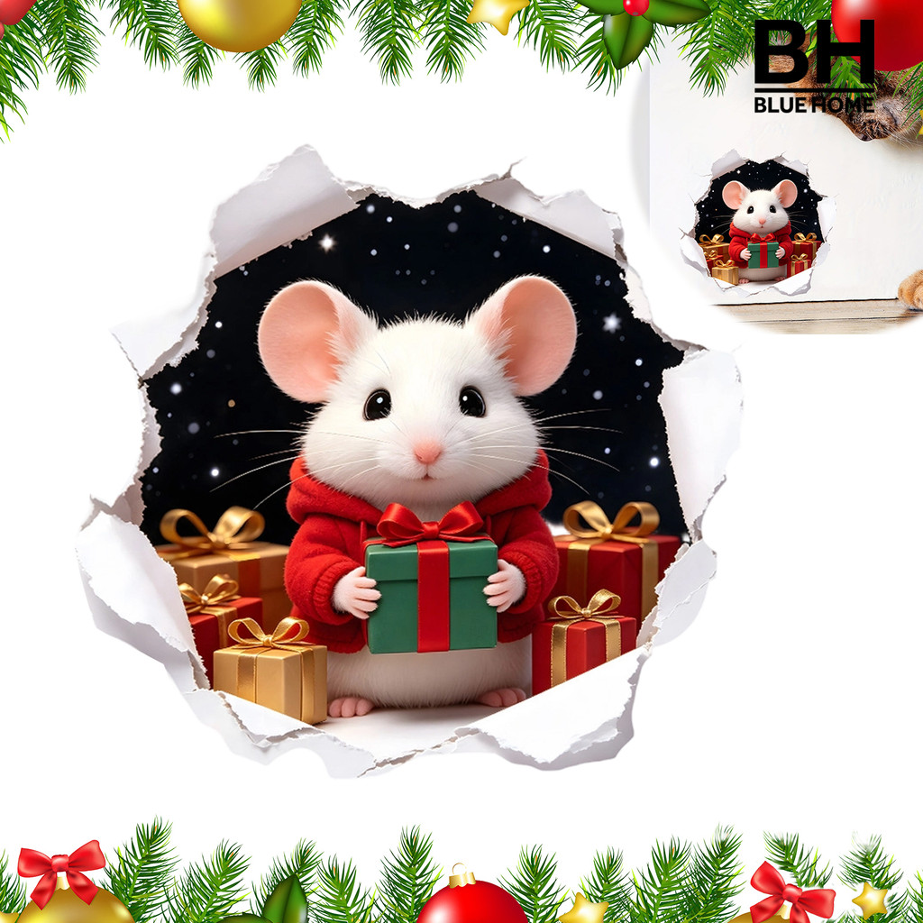 Bluehome 3D Hole Illusion Adesivo De Parede De Mouse De Natal , Decalque De PVC À Prova D'água Descascado E Colado Para