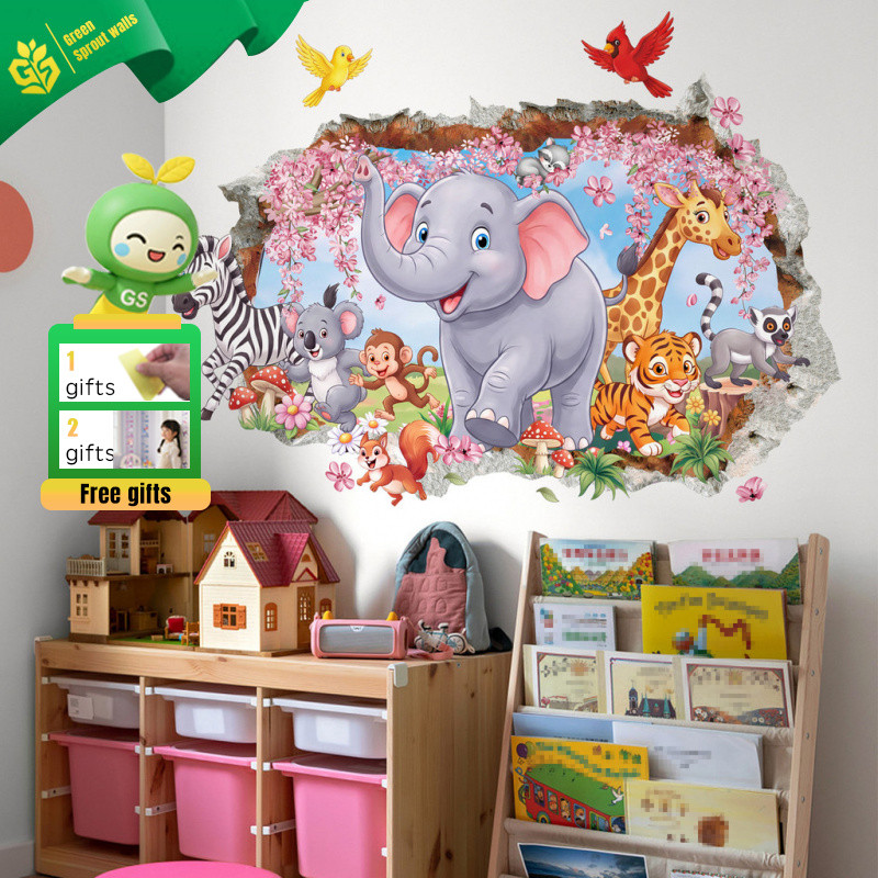 Adesivos de parede 3D Hole Animal Park Adesivos decorativos autoadesivos tridimensionais criativos para sala de estar Pa