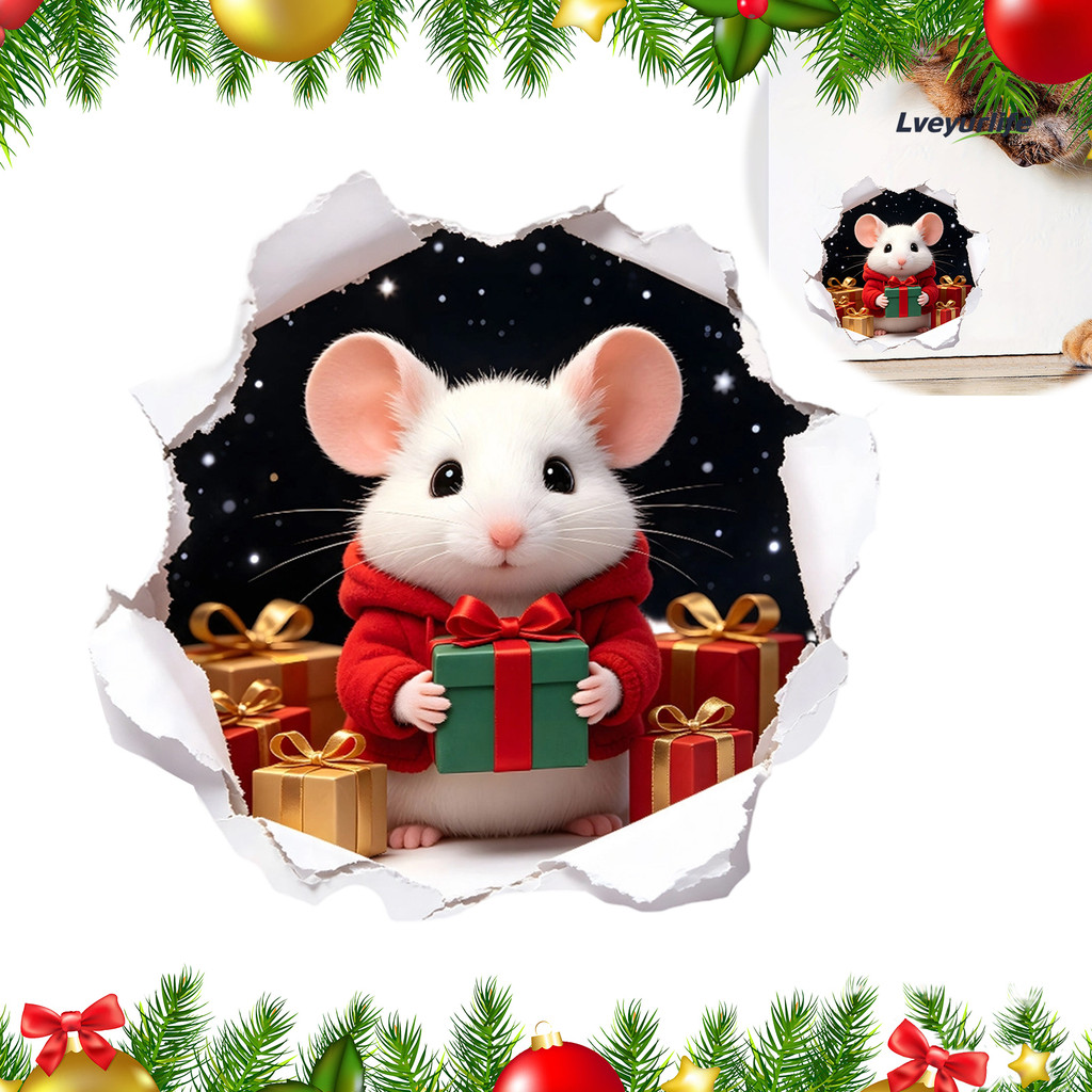 Lveyurlife 3D Hole Illusion Adesivo De Parede De Mouse De Natal , Decalque De PVC À Prova D'água Descascado E Colado Par