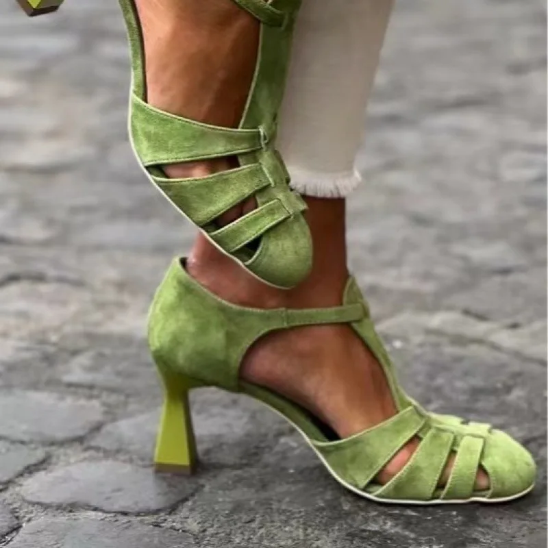 Women's Green Suede Kitten Heel T-Strap Sandals Closed Toe Summer Breathable Office Pumps EU 34-43 Elegant Dress Shoes Rubber