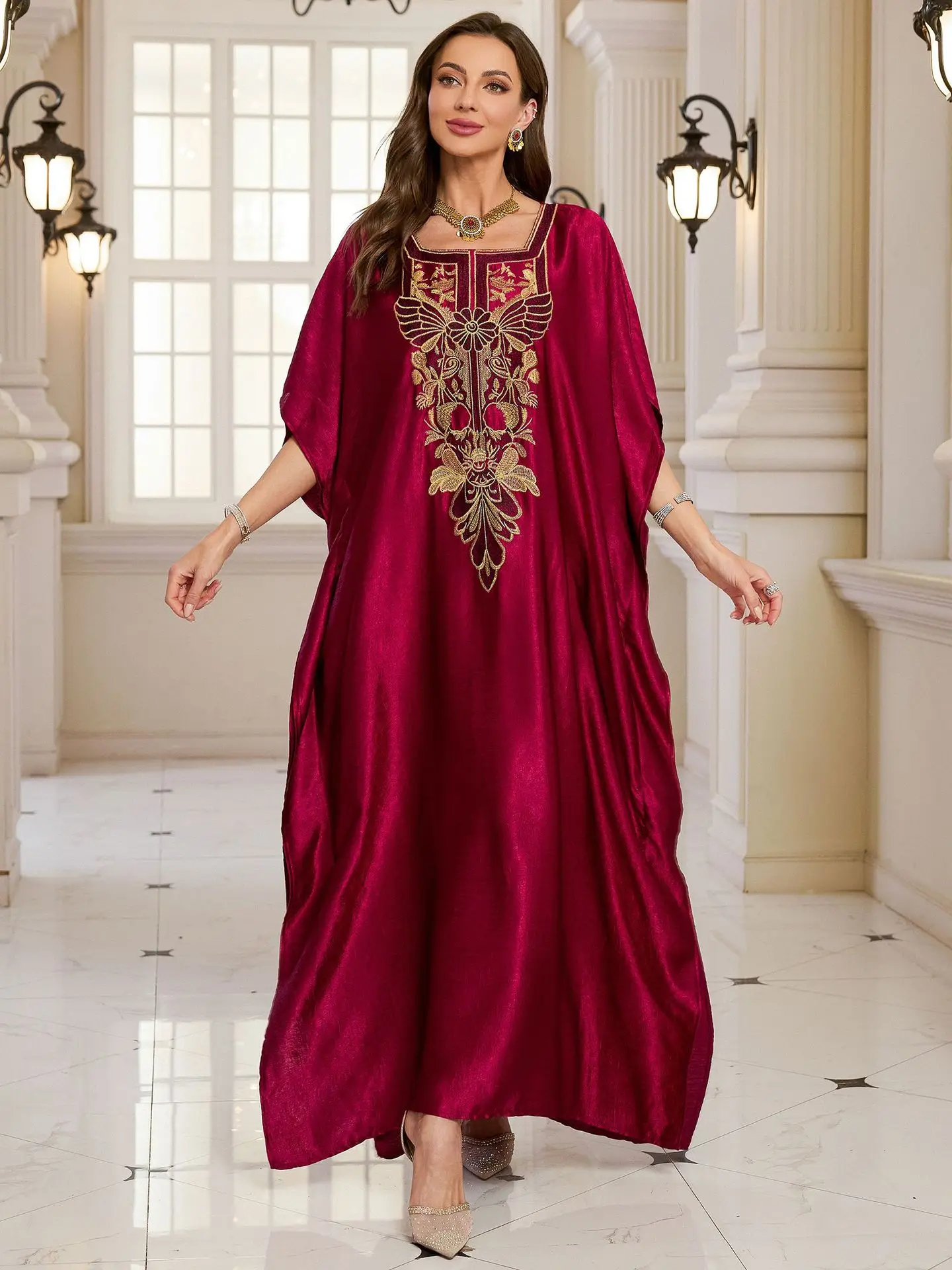 Beach Kaftans for Women Shining Material Embroidered Elegant Maxi Dresses Cover Ups for Swimwear Holiday Beachwear Bathing Suits