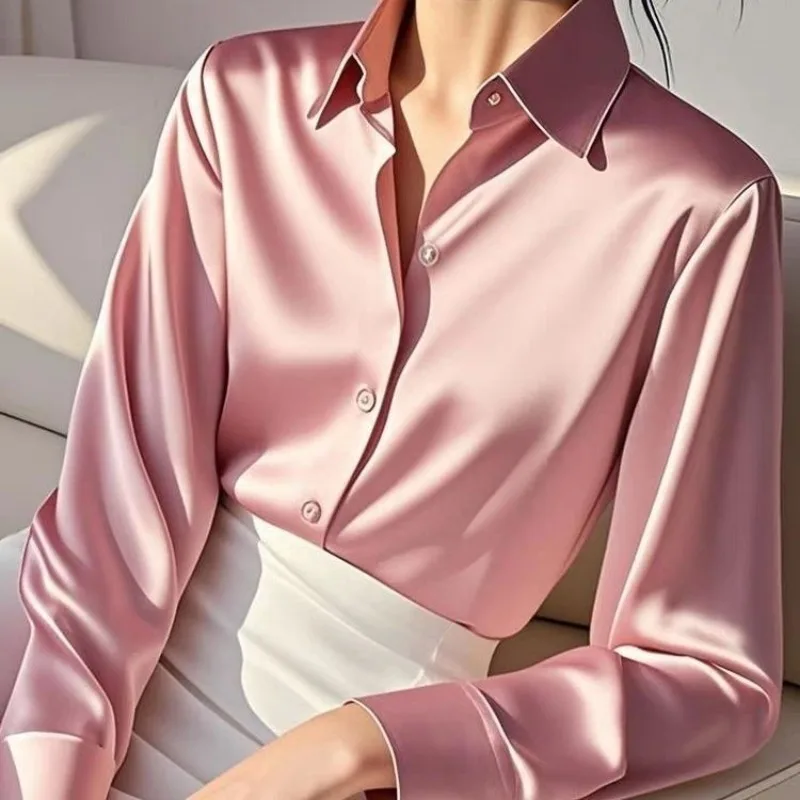 New Style Ladies Casual Fashion Simplicity Elegant Trend Buttons Solid Color Turn-down Collar Women Shirts Long Sleeve Tops