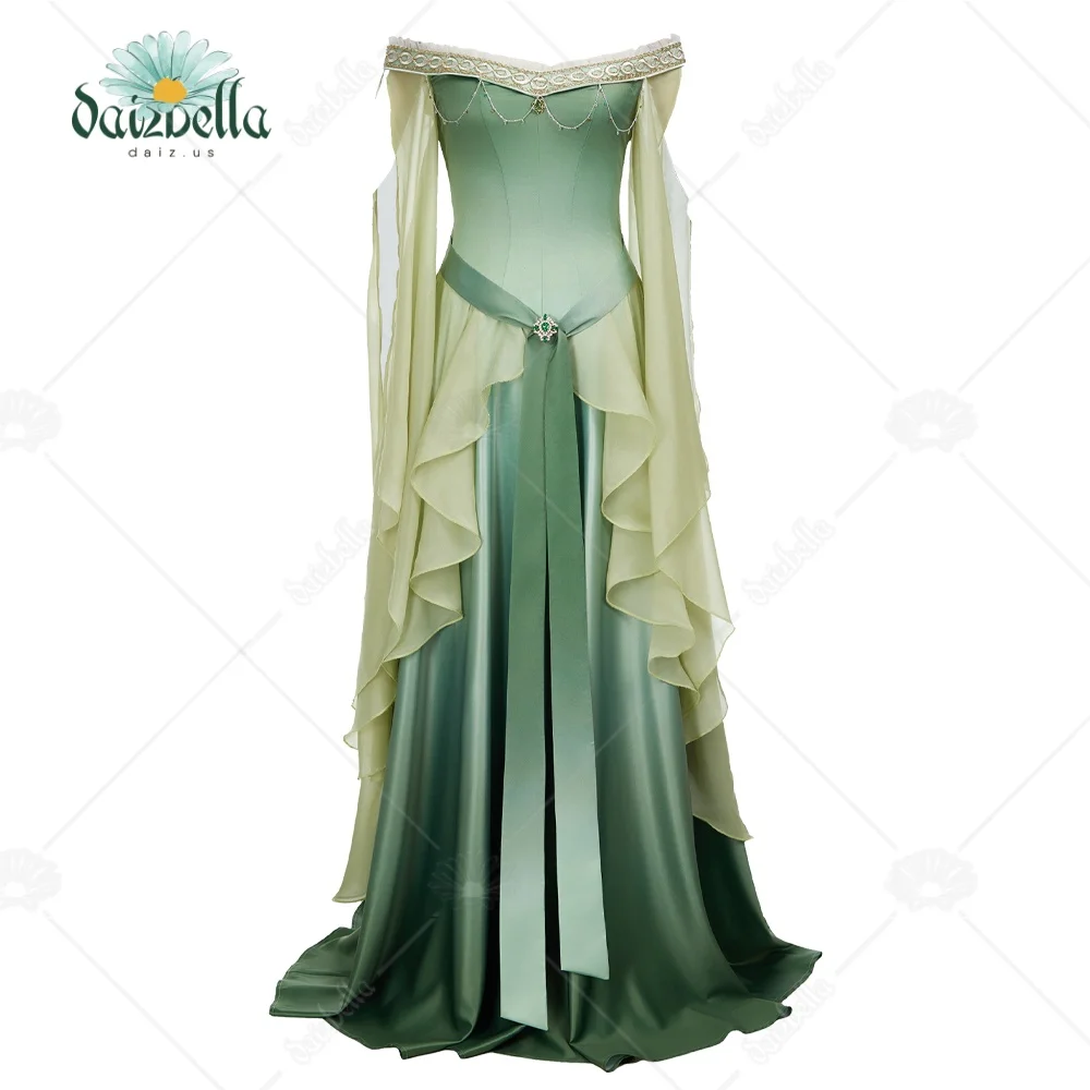 DAIZBELLA Women's Renaissance Medieval Dreamy Yellow Green Gradient Elf Dress Elegant Strapless Dress with Belt