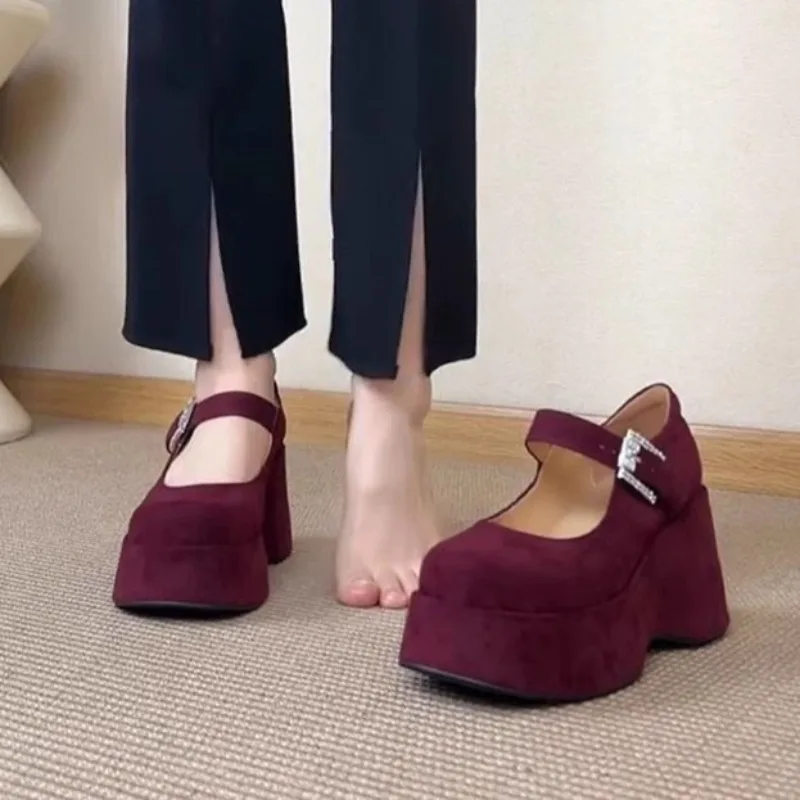 Thick Platform Mary Jane Shoes Women Wedges Bottom Sandals 2026 New Trend Dress Pumps Shallow Mouth Elegant Suede Footwear，35-40