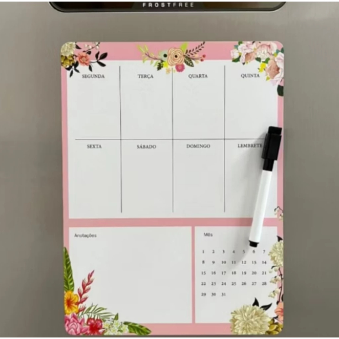 Planner Magnético Rosa Lousa Lembrete Imã Geladeira Porta Recados Anotação Semanal Mensal