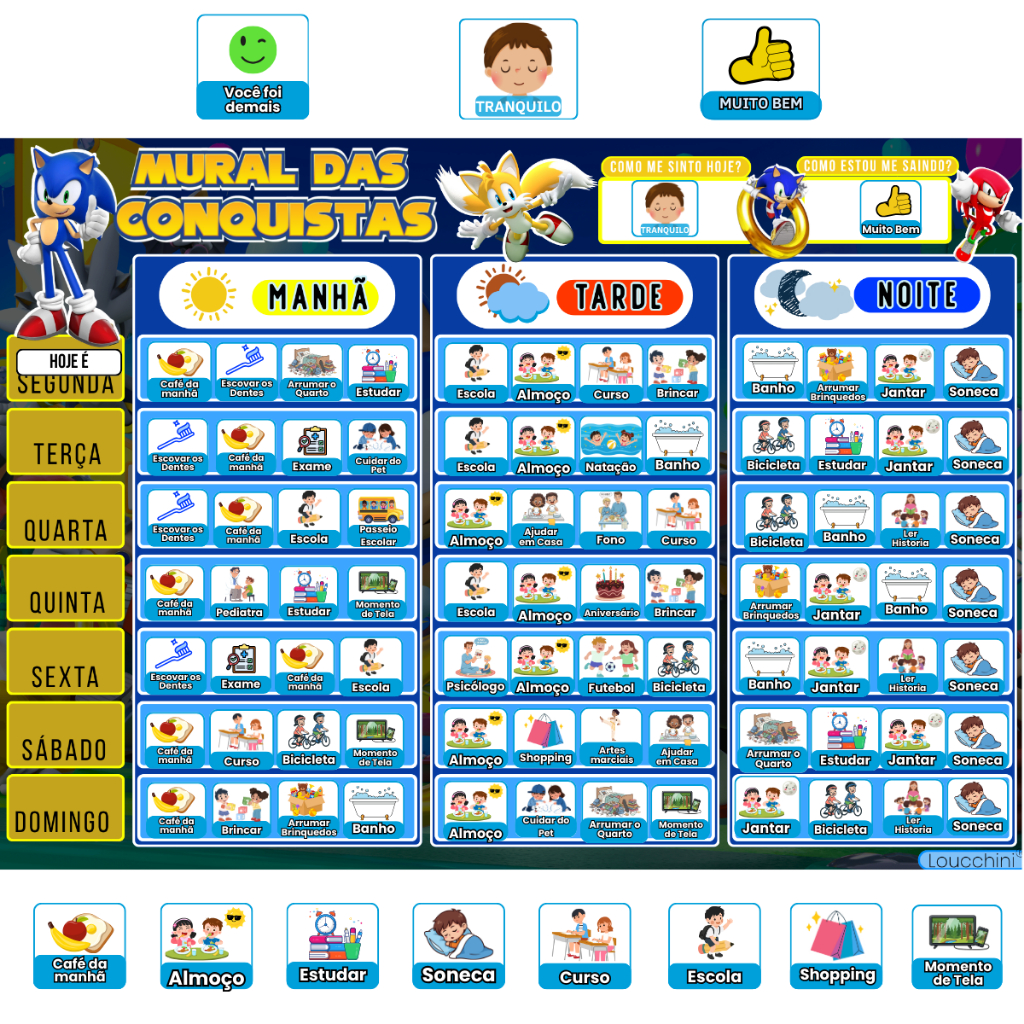 Quadro de Rotina Infantil Educativo e Magnético com 178 Tags para Organização da Criança Tema Sonic