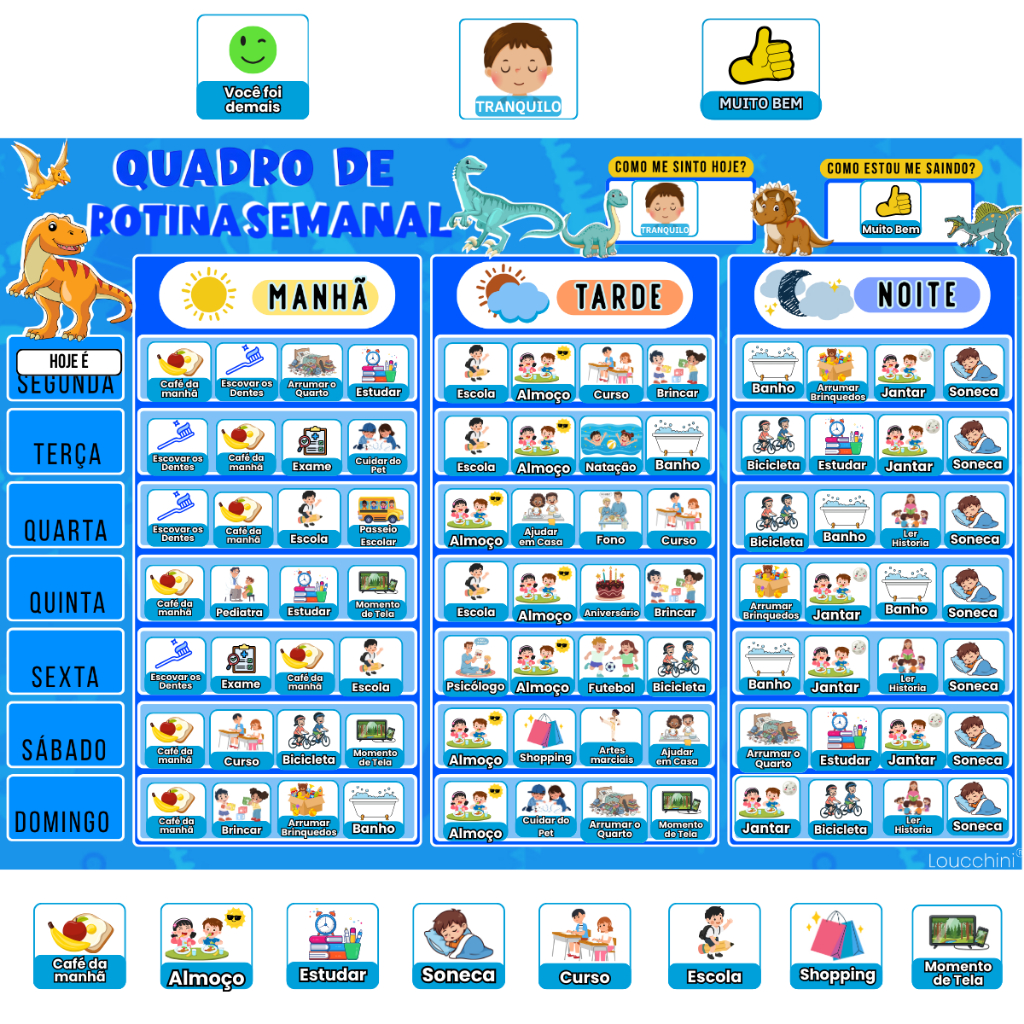 Quadro de Rotina Infantil Magnético Dinossauro com 178 Tags Educativas para Organização da Criança
