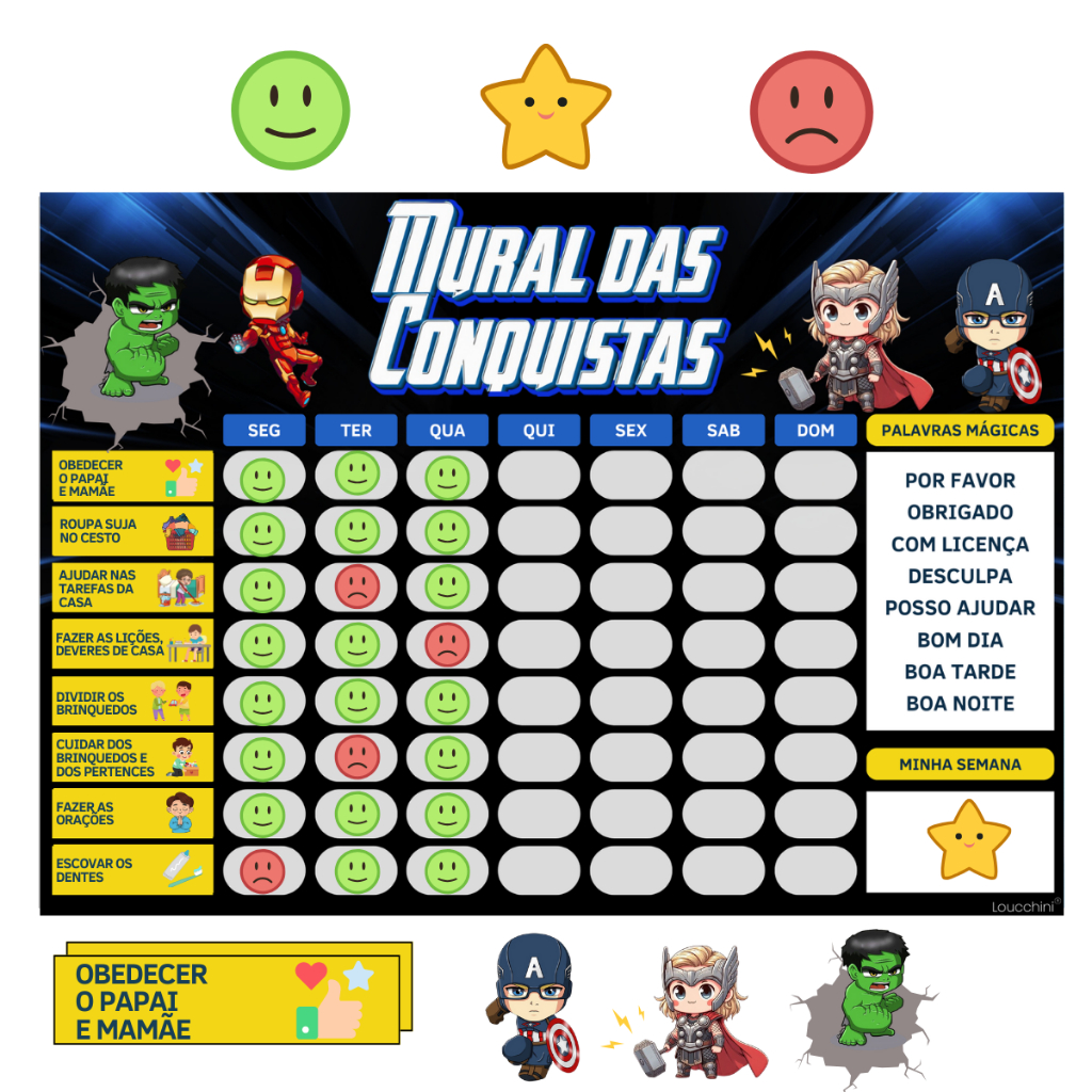 Quadro de Rotina e Tarefas Infantil – Educação, Autonomia e Incentivo Magnético tema dos Heróis