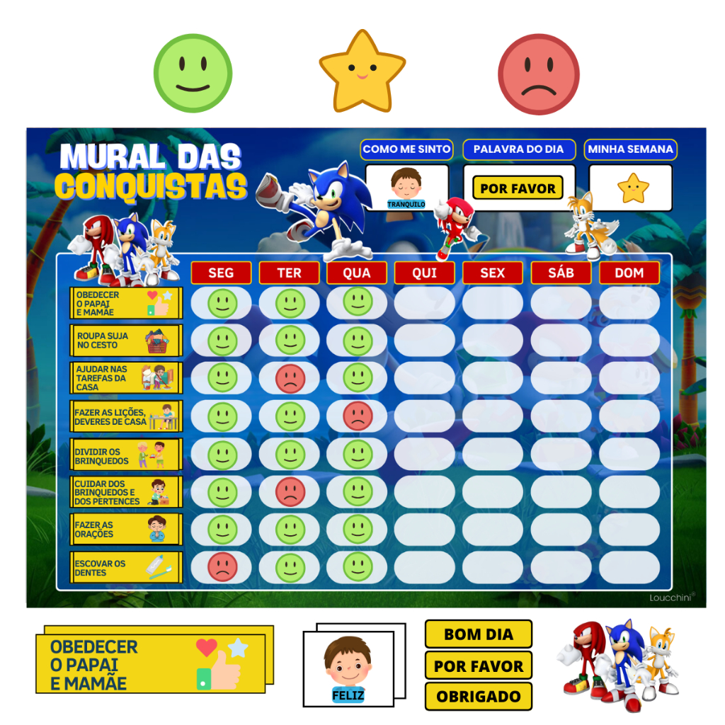 Mural das Conquistas Infantil – Tema Sonic – Quadro Magnético Para Geladeira 22x30 cm