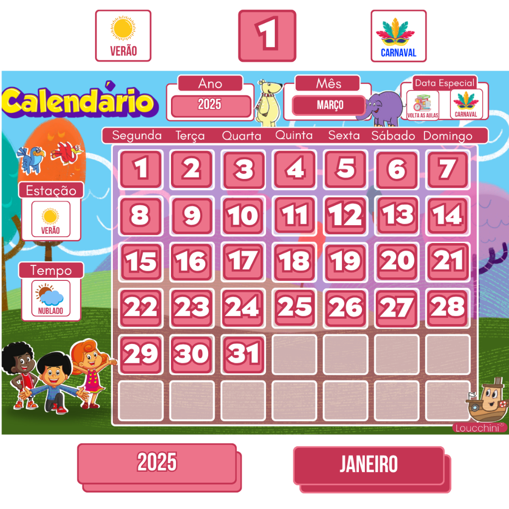 Calendário Magnético Infantil  Tamanho A3 Tema Três Palavrinhas – Organização Visual e Educativa
