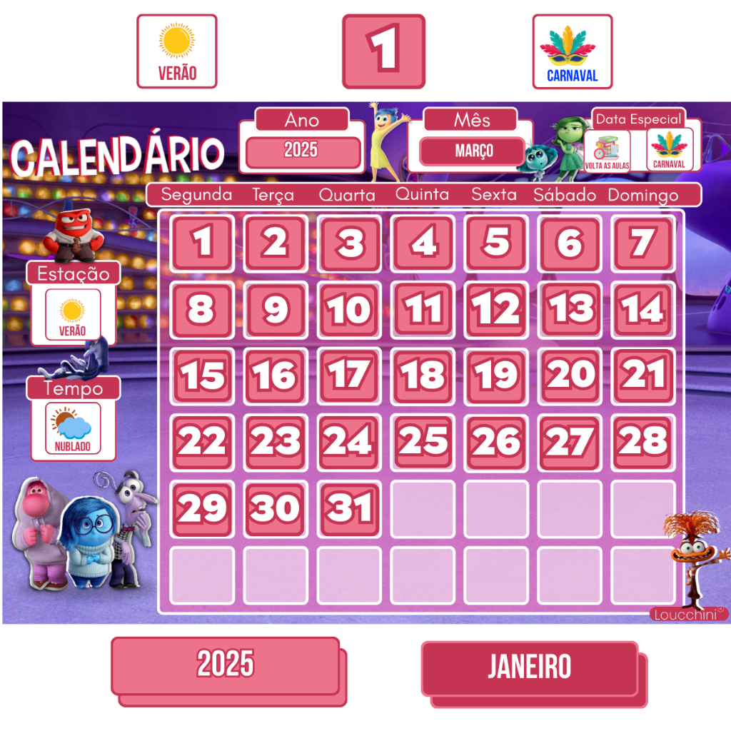 Calendário Infantil Magnético  Tema Divertidamente – Rotina Mensal, Datas e Organização