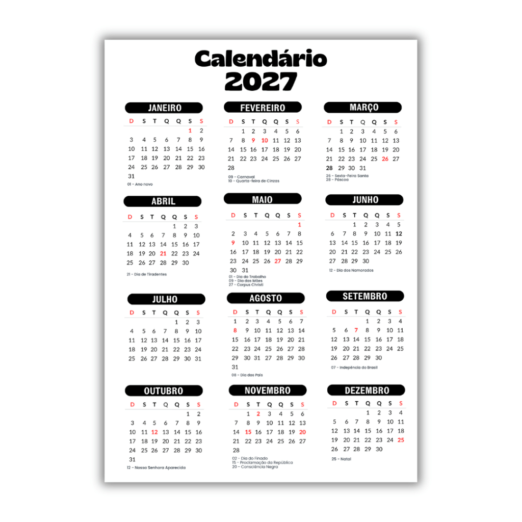 Calendário 2027 - Planner Magnético Imã Geladeira - Organização Decoração para Cozinha
