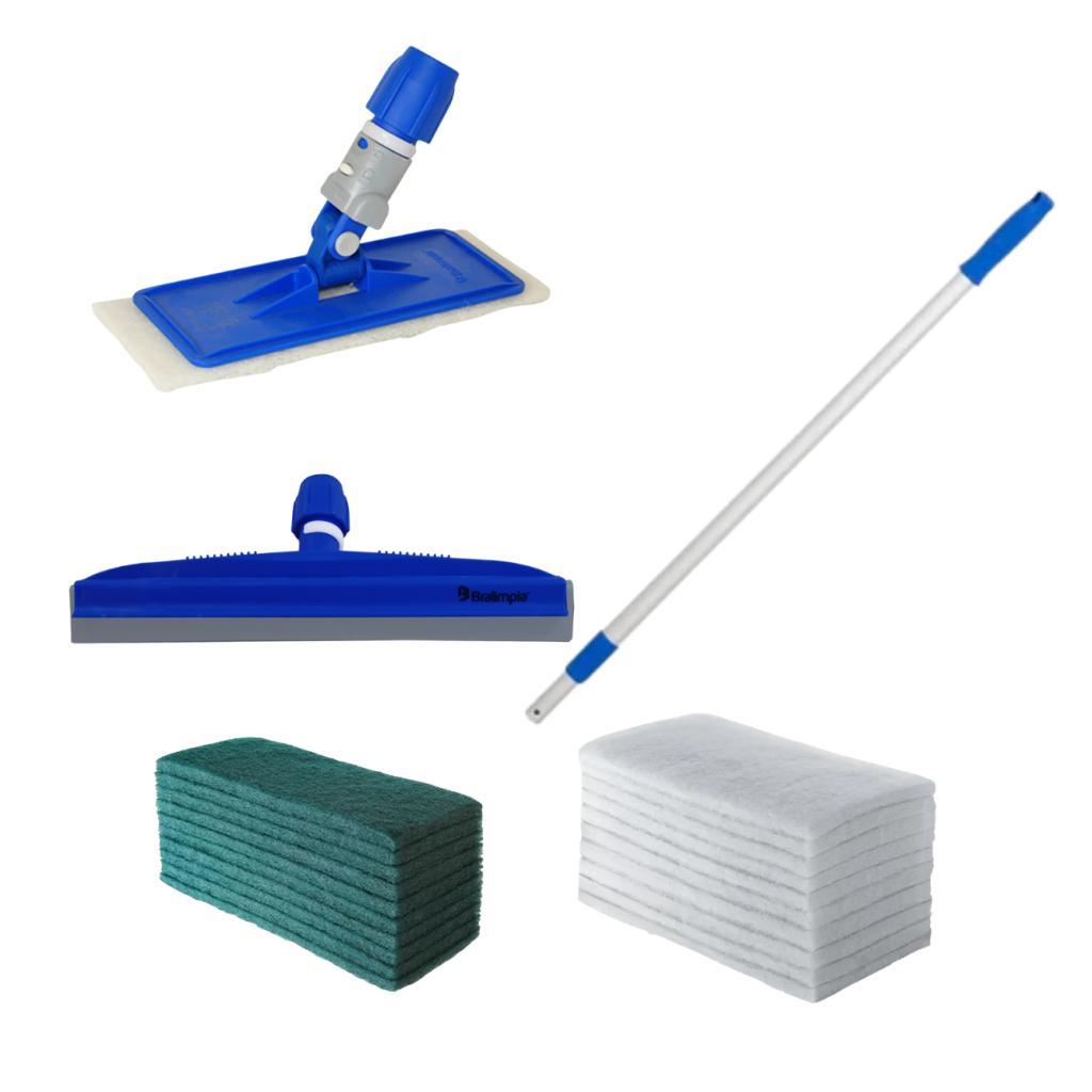 Kit De Limpeza Bralimpia Fibras Suporte Lt Cabo E Rodo Dry Azul, Branco E Verde