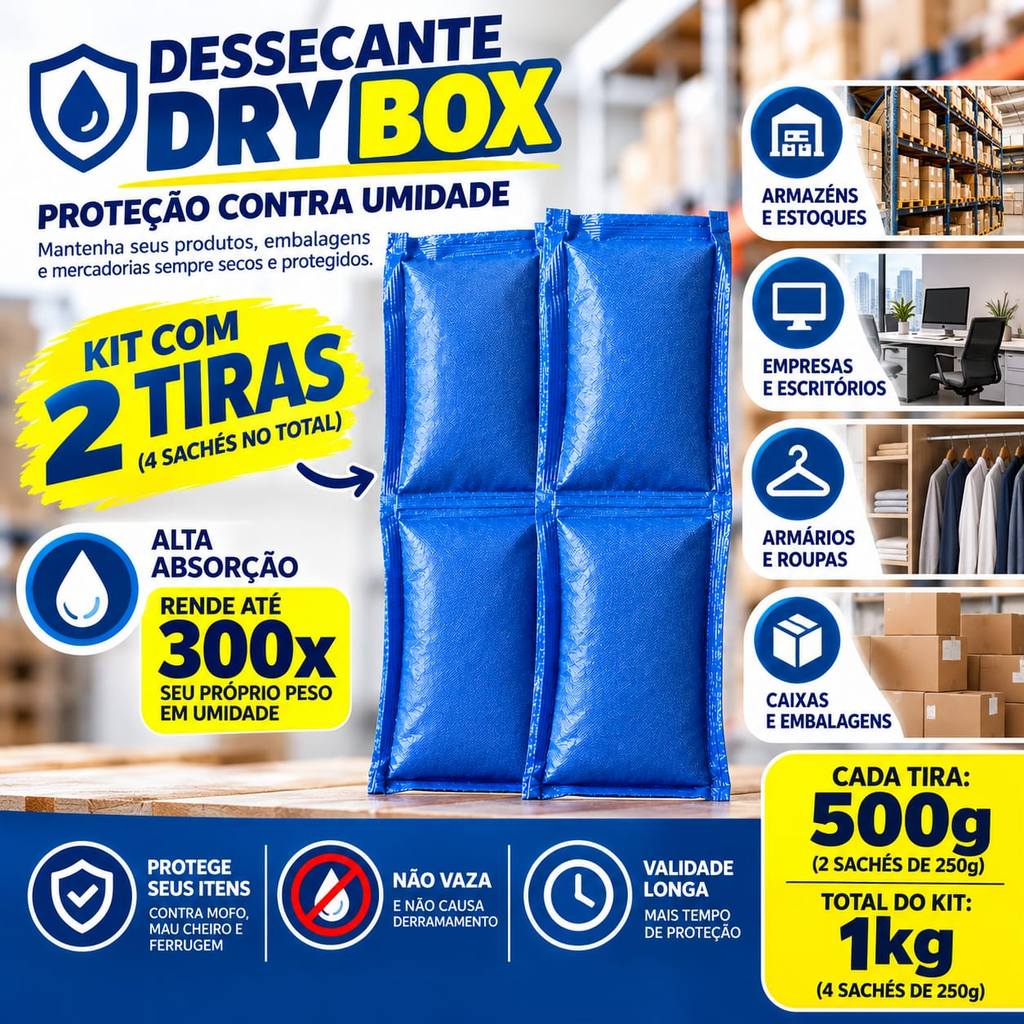 KIT 2un TIRA Dessecante Anti umidade e anti mofo DRY BOX Cloreto De Cálcio 500g - 4 sachês de 250g