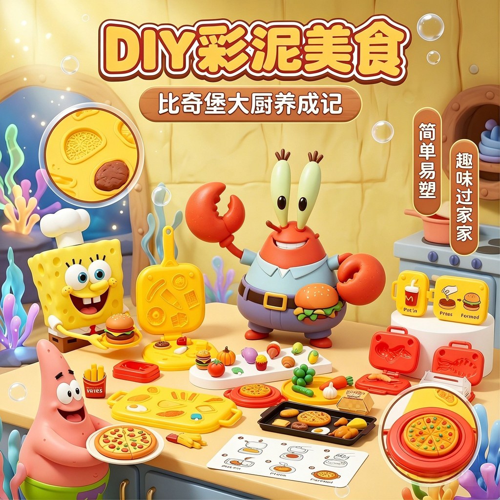 Bob Esponja Crianças DIY Comida Ocidental Hambúrguer Pizza Cor Lama Não-Tóxica Conjunto Play House Toy Girl Gift