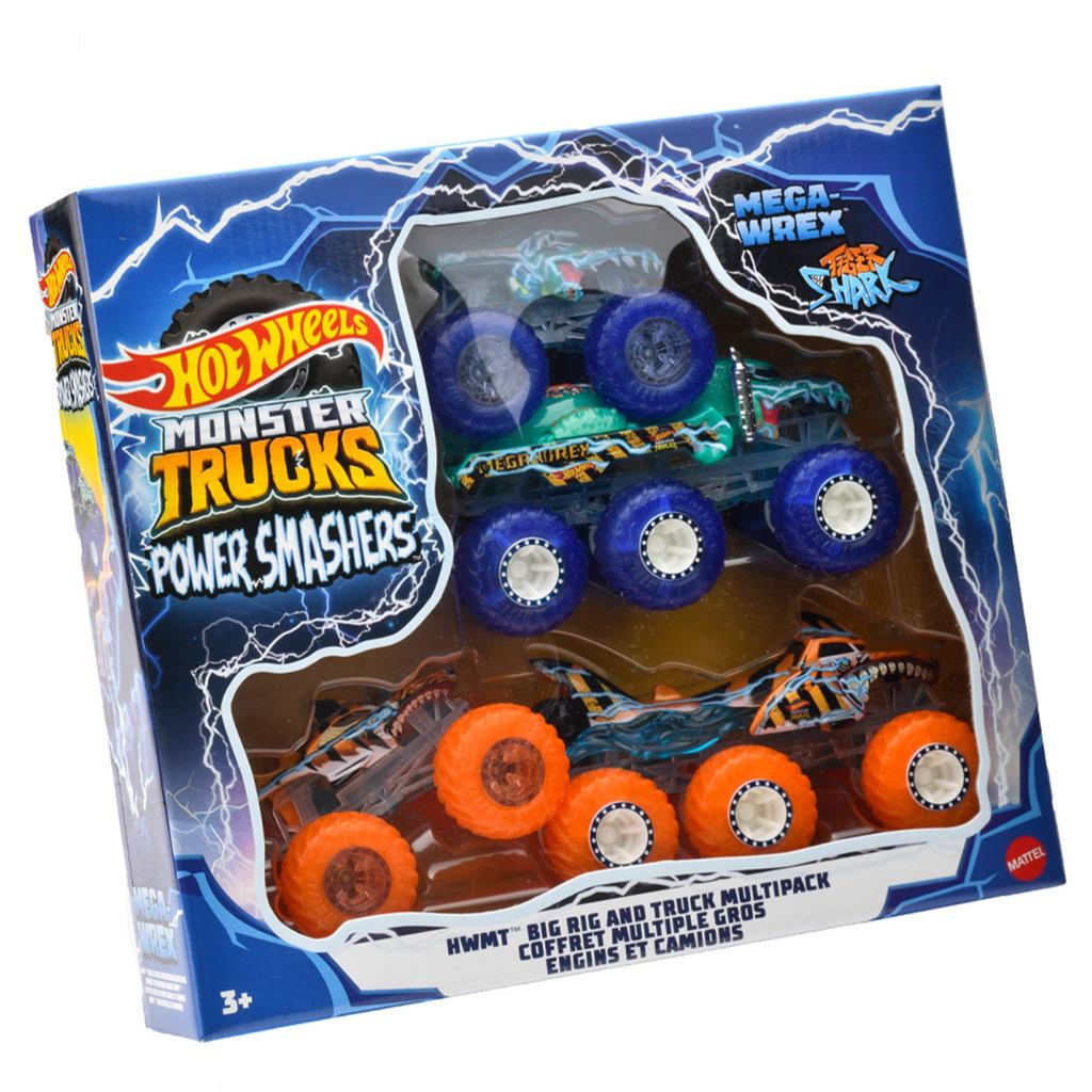 Hot Wheels Monster Truck Transporter Set Vehicle Toy with 4 Mini Cars, Suitable for Ages 3 and Up, Blue/Orange, HYJ29