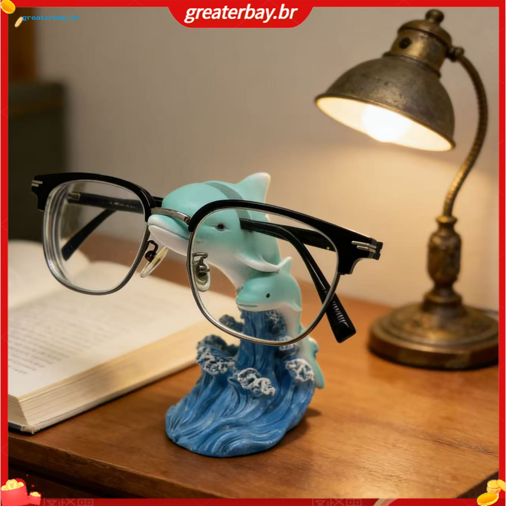 Coastal Style Dolphin Eyeglasses Holder with Blue Wave Design – Waterproof Resin Glasses Stand for Desk Home Office St